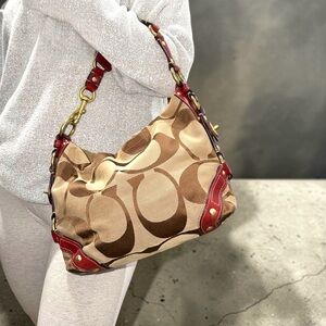 Vintage Coach Signature Canvas Red Leather and Brass Embellished Shoulder Bag